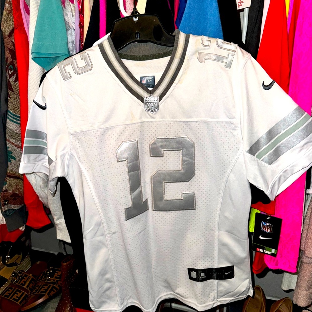 Aaron Rodgers white and silver Green Bay jersey